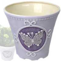 keramik blumentopf per hand verziert mit schmetterling in lila